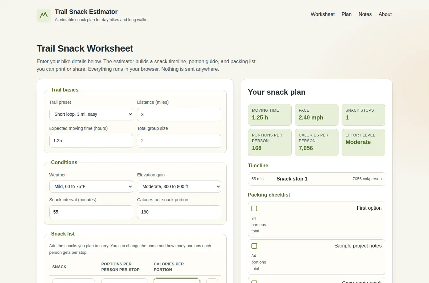 Screenshot of Trail Snack Estimator interface showing the project page in use